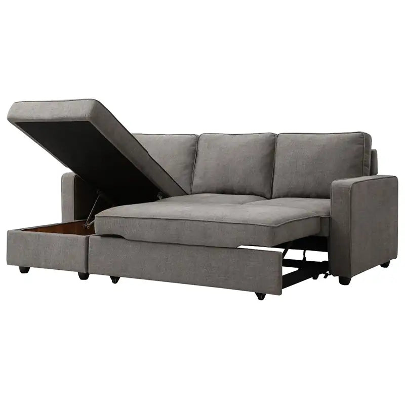 L shape sofa bed with hidden storage, with soft cushioning and a space-saving layout