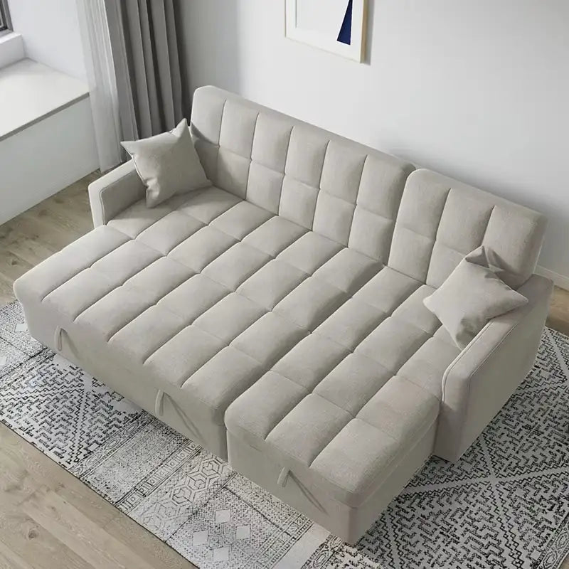 Convertible sofa bed with hidden side storage, with easy conversion from seating to sleeping