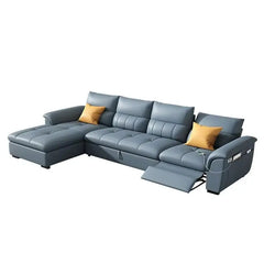 Convertible sofa bed with motorised recliner, with soft cushioning and a space-saving layout