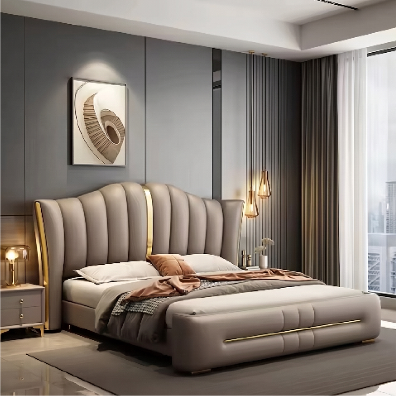 Broad upholstered headboard bed frame modern bed design wooden finish