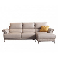 modern l shape sofa with supportive back cushions, neat side details and slim metal legs — room setting showing the relaxe...