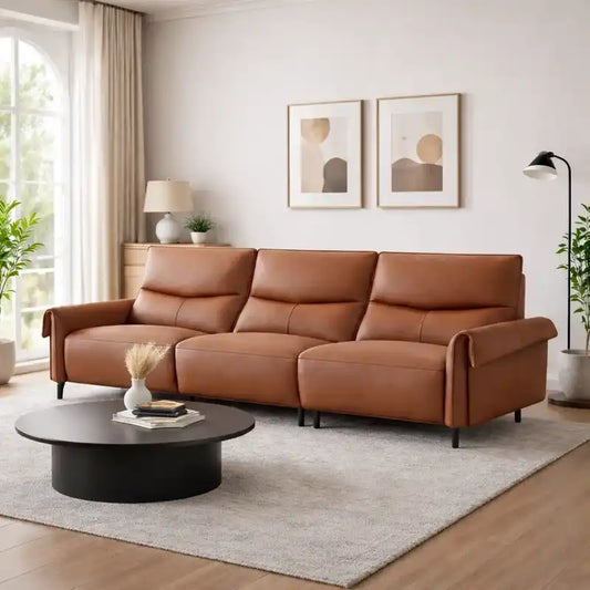 rich tan l shape sofa with smooth easy clean finish, supportive cushions and flexible layout — front view in a bright livi...