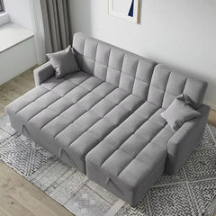 Convertible sofa bed with hidden side storage, with soft cushioning and a space-saving layout