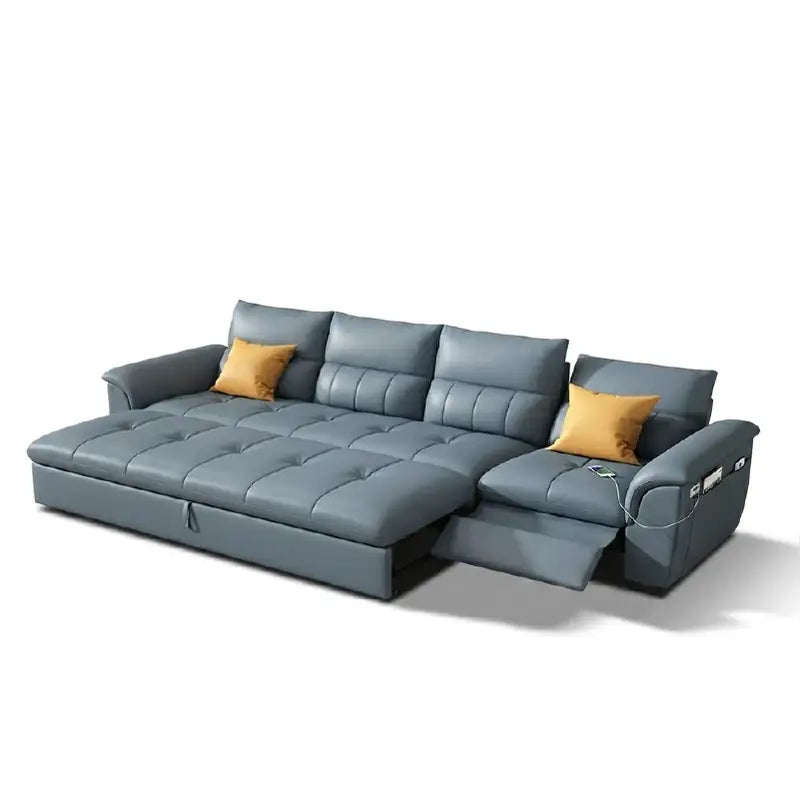 Convertible sofa bed with motorised recliner, with custom colour and material choices