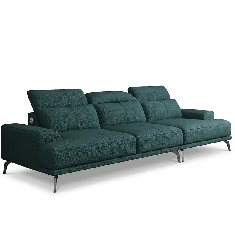 modern l shape sofa with high back cushions, slim metal legs and deep comfortable seating — front view in a bright living...