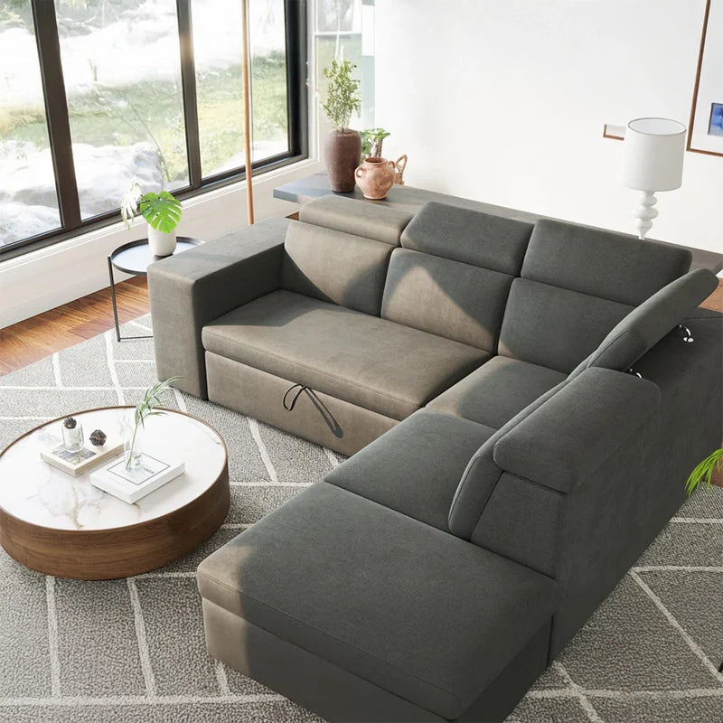 Sofa bed with storage and nested stools, designed for relaxed seating and guest use