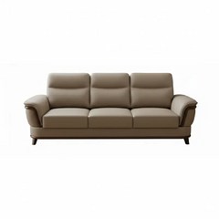 beige pure leather sofa with supportive back cushions, curved arms and refined wooden details — angled view showing the fu...