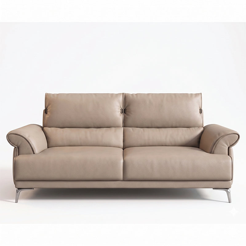 modern l shape sofa with supportive back cushions, neat side details and slim metal legs — angled view showing the full sh...