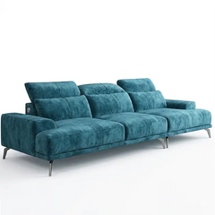 modern l shape sofa with high back cushions, slim metal legs and deep comfortable seating — side angle showing the arms an...