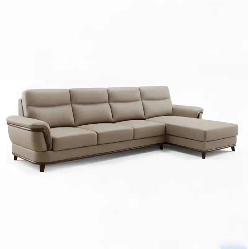 beige pure leather sofa with supportive back cushions, curved arms and refined wooden details — side angle showing the arm...