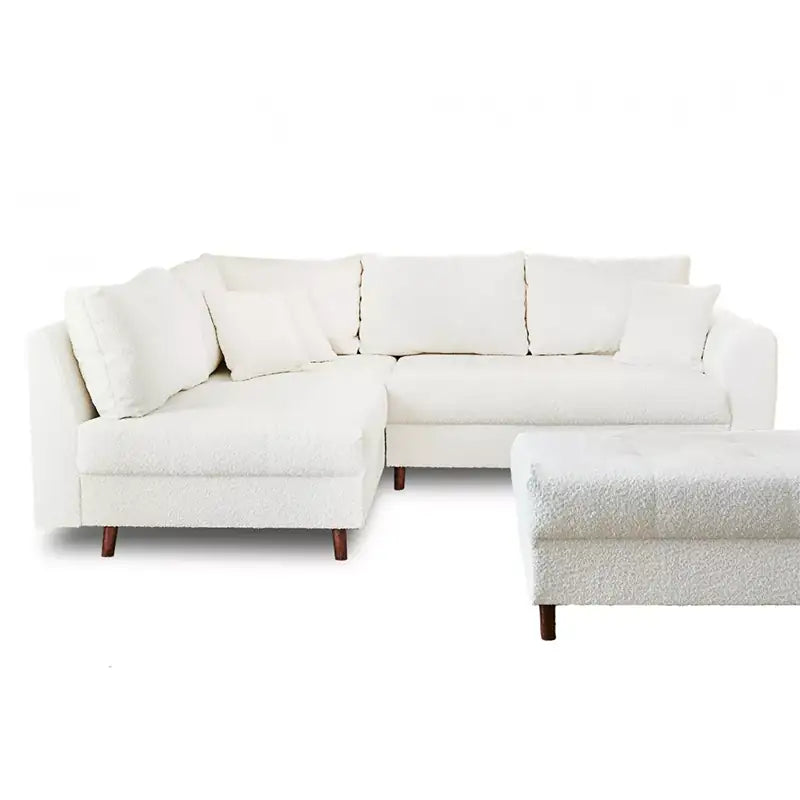 Sleeper sofa with a movable footstool, shown as a flexible seating and sleeping option in another custom view