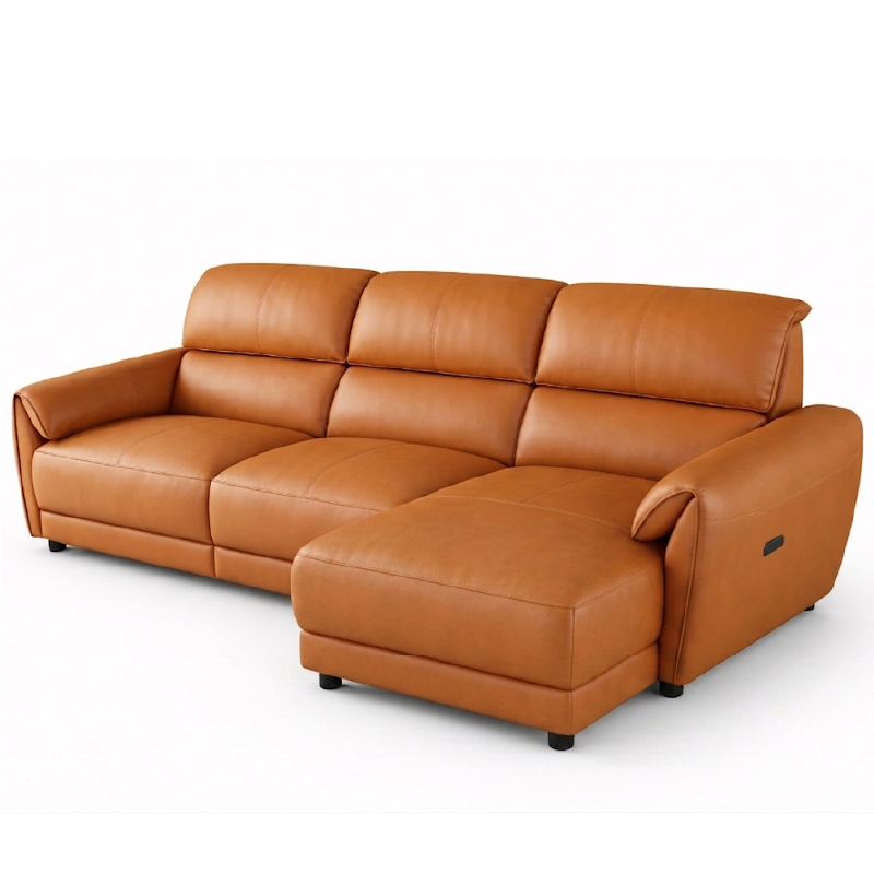 tan l shape sofa with deep cushions, supportive back panels and wide padded arms — side angle showing the arms and raised...