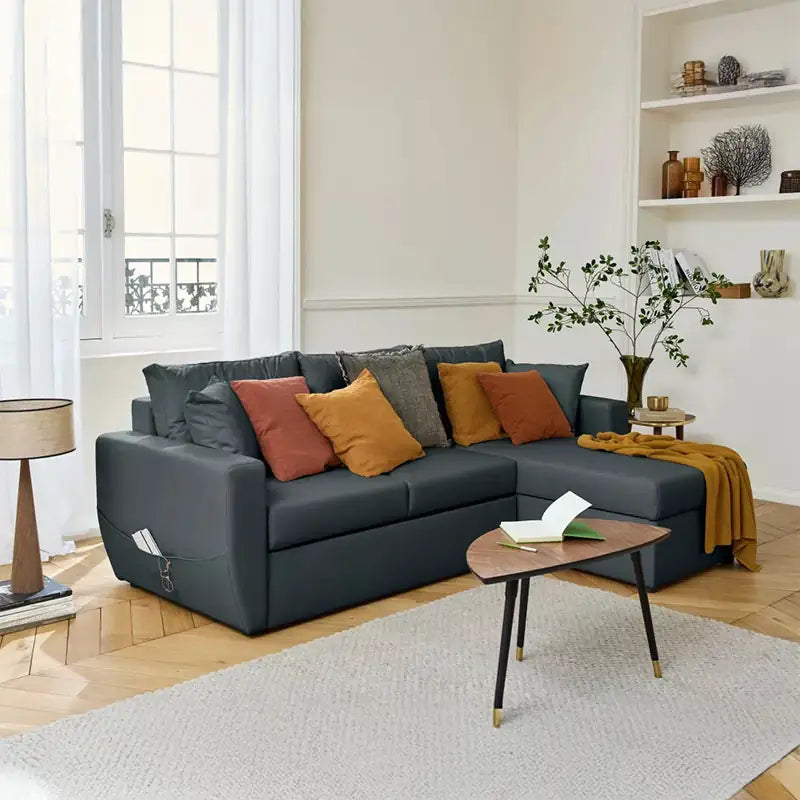 Convertible sofa bed with hidden corner storage, with a pull-out sleeping area for overnight guests in another custom view