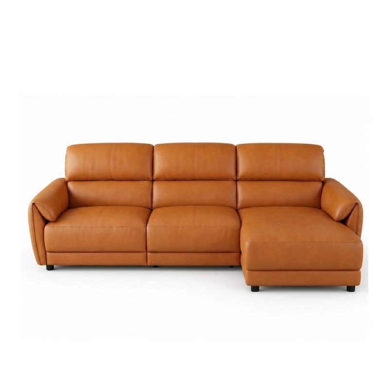 tan l shape sofa with deep cushions, supportive back panels and wide padded arms — close view showing the cushion and surf...