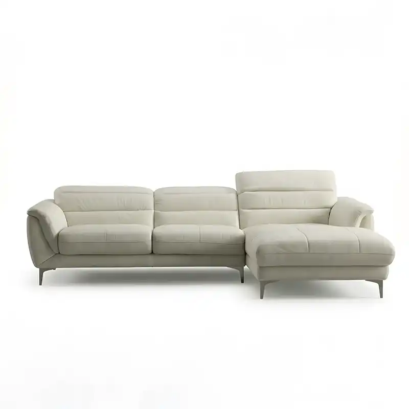 modern l shape sofa with high back cushions, soft rounded arms and slim raised legs — wide room view showing the complete...