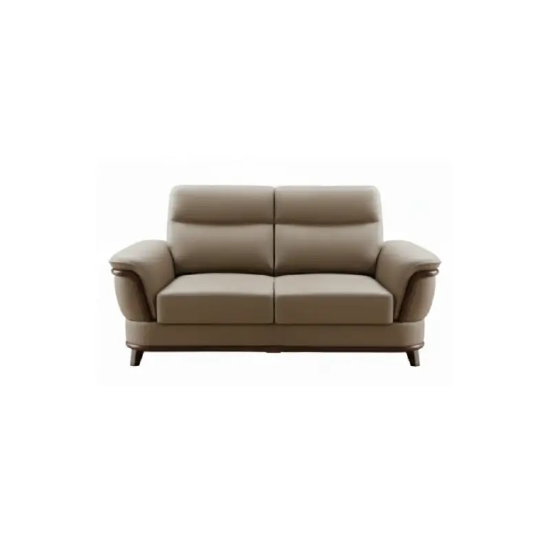 beige pure leather sofa with supportive back cushions, curved arms and refined wooden details — wide room view showing the...