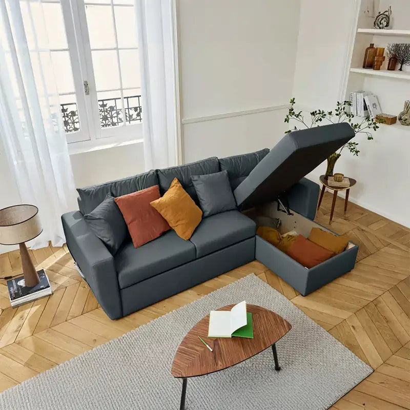 Convertible sofa bed with hidden corner storage, with practical features for compact living spaces in another custom view