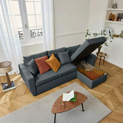 Convertible sofa bed with hidden corner storage, with practical features for compact living spaces in another custom view