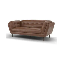 modern fabric sofa with rounded arms, soft cushions and slim raised legs — side angle showing the arms and raised base