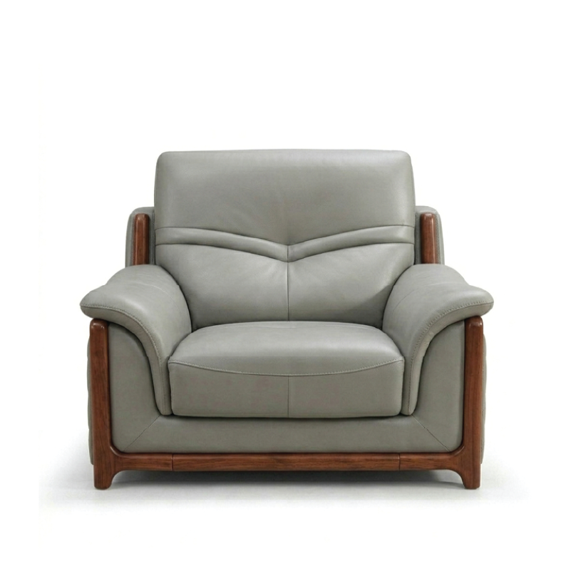 corner sofa with deep cushions, rounded arms and warm polished wooden side details — wide room view showing the complete s...