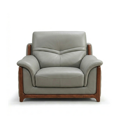 corner sofa with deep cushions, rounded arms and warm polished wooden side details — wide room view showing the complete s...