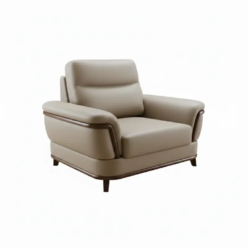 beige pure leather sofa with supportive back cushions, curved arms and refined wooden details — front angle showing the ba...