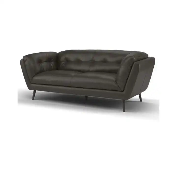modern fabric sofa with rounded arms, soft cushions and slim raised legs — close view showing the cushion and surface details