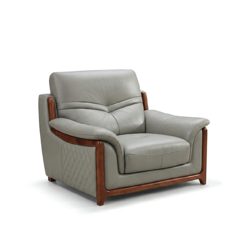 corner sofa with deep cushions, rounded arms and warm polished wooden side details — front angle showing the back support...