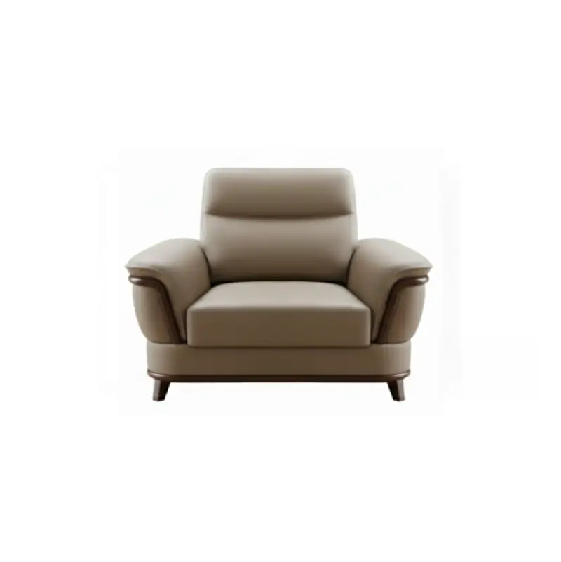 beige pure leather sofa with supportive back cushions, curved arms and refined wooden details — alternate angle showing th...