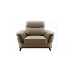 beige pure leather sofa with supportive back cushions, curved arms and refined wooden details — alternate angle showing th...