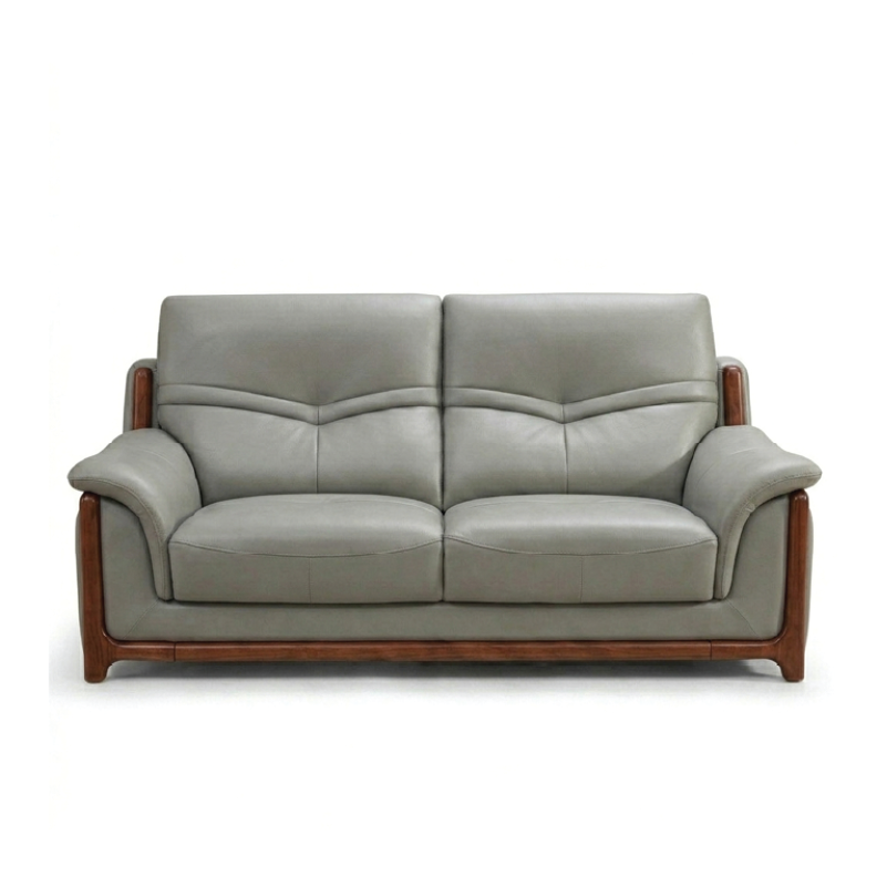 corner sofa with deep cushions, rounded arms and warm polished wooden side details — alternate angle showing the full dept...
