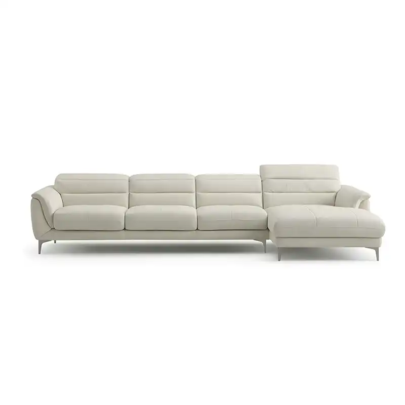 modern l shape sofa with high back cushions, soft rounded arms and slim raised legs — full view with the complete shape cl...