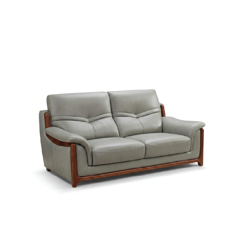corner sofa with deep cushions, rounded arms and warm polished wooden side details — full view with the complete shape cle...