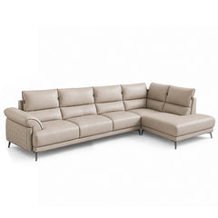 modern l shape sofa with supportive back cushions, neat side details and slim metal legs — full view with the complete sha...