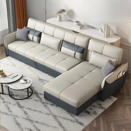 L shape sofa bed with hidden storage, shown as a flexible seating and sleeping option