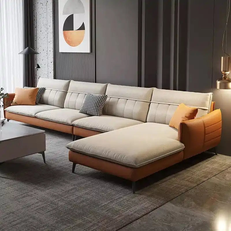 modern fabric sofa with supportive cushions, clean lines and a comfortable family friendly layout — front view in a bright...