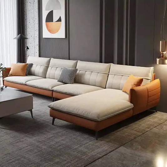 modern fabric sofa with supportive cushions, clean lines and a comfortable family friendly layout — front view in a bright...