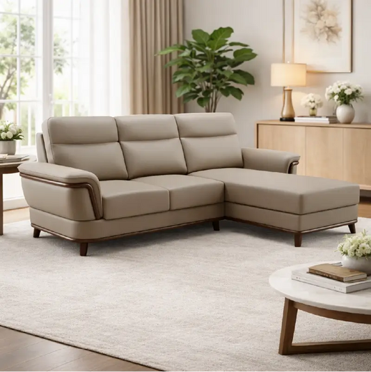Savio Faux Leather Sofa with Curved Arms and Wooden Trim - view 1