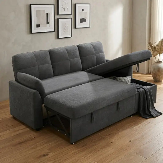 L shape sofa bed with side storage, shown as a flexible seating and sleeping option