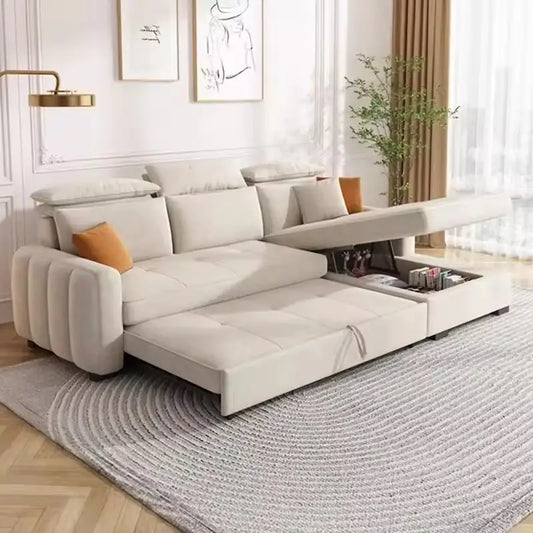 Pull out sofa bed with hidden side storage, shown as a flexible seating and sleeping option