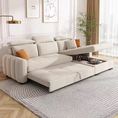 Pull out sofa bed with hidden side storage, shown as a flexible seating and sleeping option