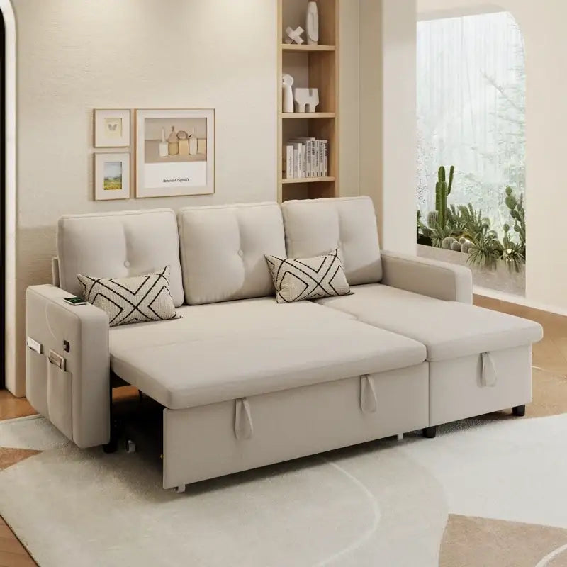 Sofa bed with storage, USB charging and side pockets, shown as a flexible seating and sleeping option