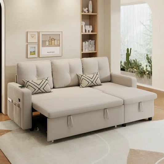Sofa bed with storage, USB charging and side pockets, shown as a flexible seating and sleeping option
