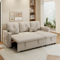 Sofa bed with storage, USB charging and side pockets, shown as a flexible seating and sleeping option