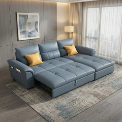Convertible sofa bed with motorised recliner, shown as a flexible seating and sleeping option