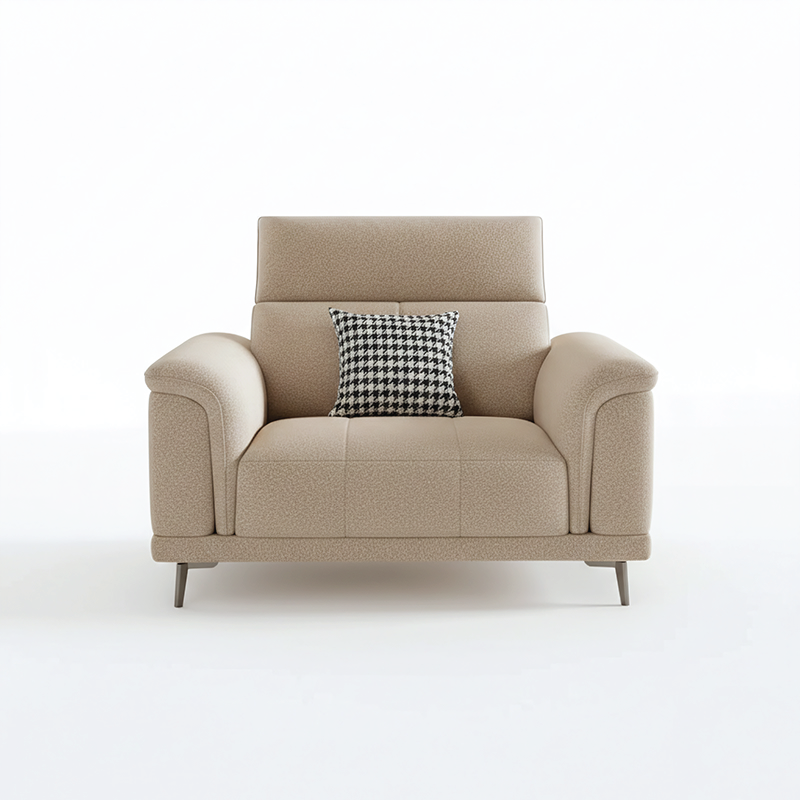 beige l shape sofa with adjustable head support, rounded arms and slim raised legs — alternate angle showing the full dept...