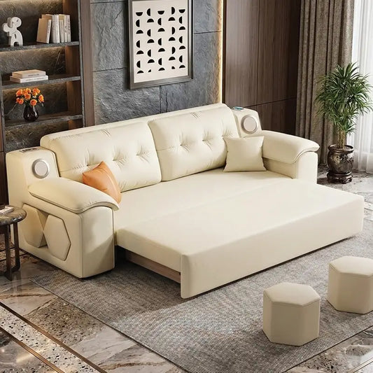 Convertible sofa bed with side shelves, shown as a flexible seating and sleeping option