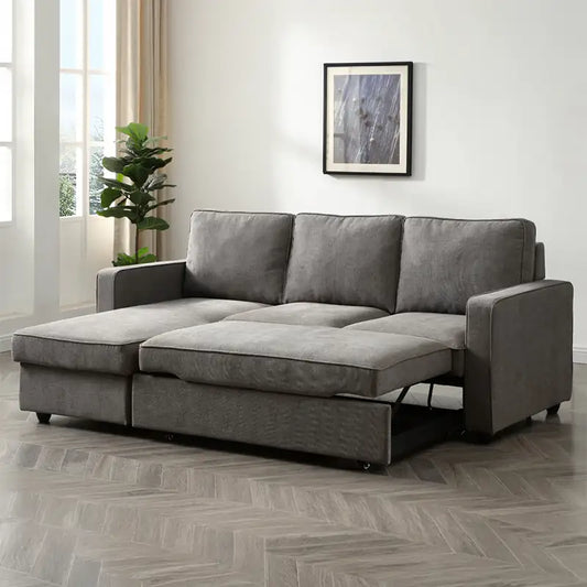 L shape sofa bed with hidden storage, shown as a flexible seating and sleeping option