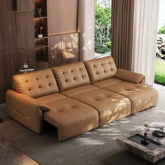 Leather-look pull out sofa bed, shown as a flexible seating and sleeping option