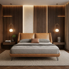 Reclined cushioned bed frame modern bed design tan leatherette upholstered bed